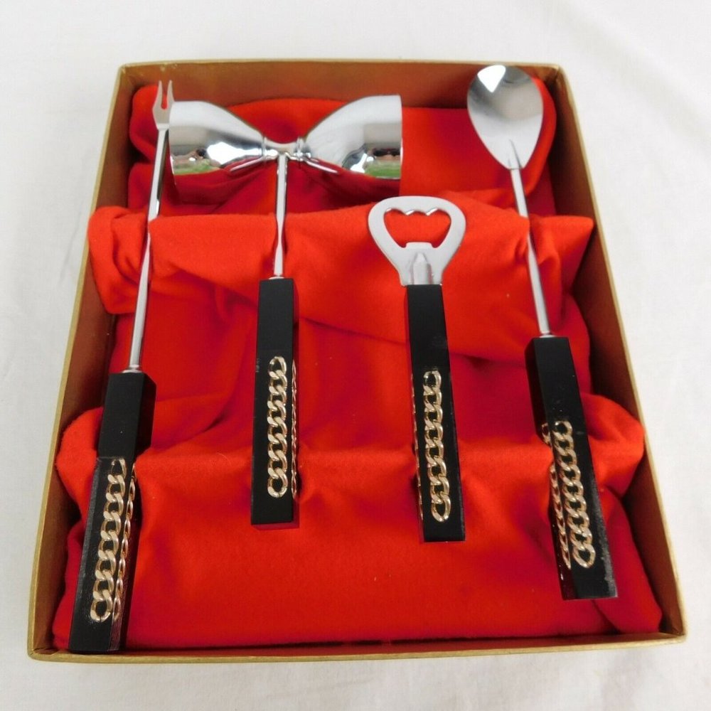 Lucite Bar Set Swank Chain Link Original Box Bottle Opener Jigger Bar Spoon Fork